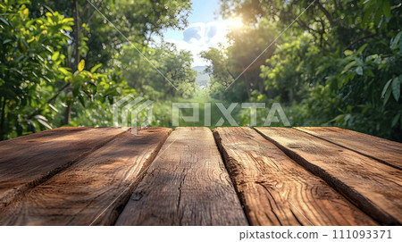 AI-generated content. The empty wooden brown table top with blur background of sugarcane plantation, generated AI 111093371
