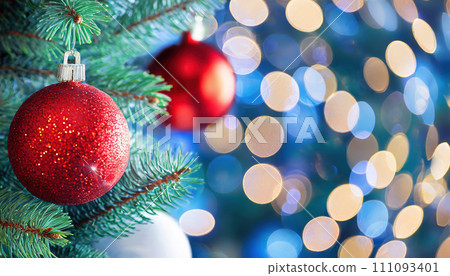 Closeup of red bauble hanging from Christmas tree. AI-generated item Closeup of red bauble hanging from Christmas tree. AI-generated item 111093401