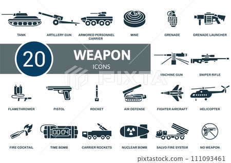 Weapon set. Creative icons: tank, artillery gun, armored personnel carrier, mine, grenade, grenade launcher, machine gun, sniper rifle, flamethrower, pistol, rocket, air defence, fighter aircraft 111093461