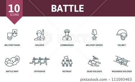 Battle outline icons set. Creative icons: military rank, soldier, commander, military order, helmet, battle map, offensive, retreat, dead soldier, wounded soldier. Battle outline icons set. Creative icons: military rank, soldier, commander, military order, helmet, battle map, offensive, retreat, dead soldier, wounded soldier. 111093463