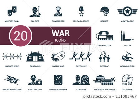 War icon set. Creative icons: military rank, soldier, commander, military order, helmet, army badge, transmitter, bullet, barbed wire and more 111093467
