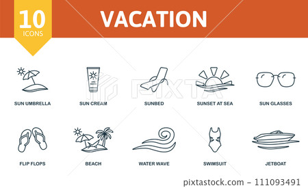 Vacation outline icons set. Creative icons: sun umbrella, sun cream, sunbed, sunset at sea, sun glasses, flip flops, beach, water wave, swimsuit, jetboat. 111093491