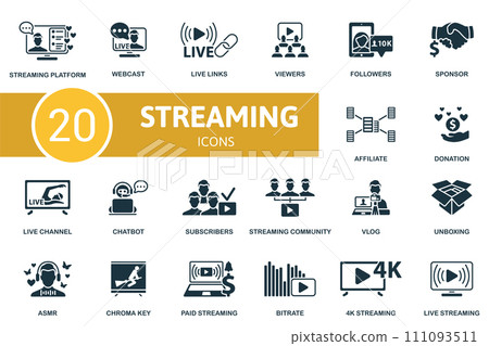 Streaming set. Creative icons: streaming platform, webcast, live links, viewers, followers, sponsor, affiliate, donation, live channel, chatbot, subscribers and more 111093511
