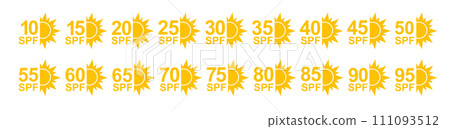 SPF 50 icon. Sun protection for skin. UVA UVB sunscreen protection. SPF icon for or skin cosmetics packaging. Vector 111093512