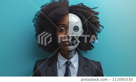 Futuristic Hybrid Human Robot Portrait. Afro-American Woman in Business Attire. AI Generated Futuristic Hybrid Human Robot Portrait. Afro-American Woman in Business Attire. AI Generated 111093530