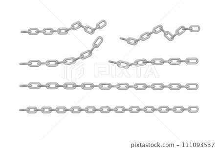 Free metal chain with whole or break steel chrome links. Collection of seamless metal chains colored silver. Vector Free metal chain with whole or break steel chrome links. Collection of seamless metal chains colored silver. Vector 111093537