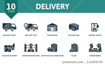 Delivery icons set. Creative icons: delivery truck, delivery time, warehouse, delivery box, arrival notice, cash on delivery, border protection, certificate of inspection, claim, consignment. 111093539