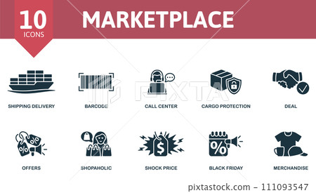 Marketplace icons set. Creative icons: shipping delivery, barcode, call center, cargo protection, deal, offers, shopaholic, shock price, black friday, merchandise. 111093547