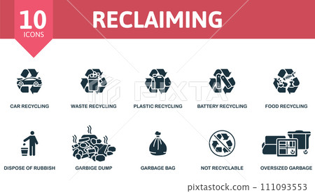 Reclaiming icons set. Creative icons: car recycling, waste recycling, plastic recycling, battery recycling, food recycling, dispose of rubbish, garbage dump, garbage bag, not recyclable, oversized Reclaiming icons set. Creative icons: car recycling, waste recycling, plastic recycling, battery recycling, food recycling, dispose of rubbish, garbage dump, garbage bag, not recyclable, oversized 111093553