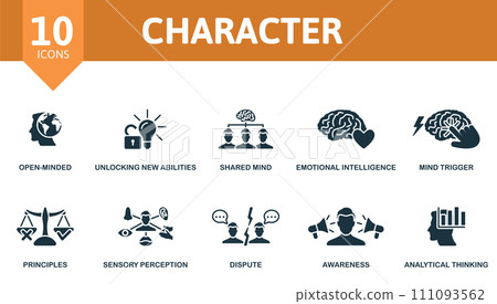 Character icons set. Creative icons: open-minded, unlocking new abilities, shared mind, emotional intelligence, mind trigger, principles, sensory perception, dispute, awareness, analytical thinking. 111093562
