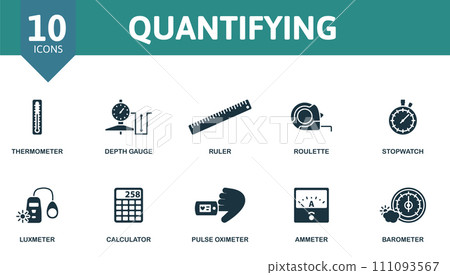 Quantifying icons set. Creative icons: thermometer, depth gauge, ruler, roulette, stopwatch, luxmeter, calculator, pulse oximeter, ammeter, barometer. 111093567