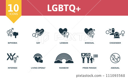 LGBTQ plus icons set. Creative icons: biphobia, gay, lesbian, bisexual, cisgender, intersex, living openly, rainbow, pride parade, asexual. LGBTQ plus icons set. Creative icons: biphobia, gay, lesbian, bisexual, cisgender, intersex, living openly, rainbow, pride parade, asexual. 111093568