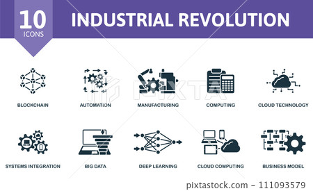 Industrial revolution icons set. Creative icons: blockchain, automation, manufacturing, computing, cloud technology, system integration, big data, deep learning, cloud computing, business model. Industrial revolution icons set. Creative icons: blockchain, automation, manufacturing, computing, cloud technology, system integration, big data, deep learning, cloud computing, business model. 111093579