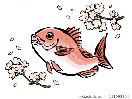Hand-drawn illustrations of bouncing sakura sea bream and cherry blossoms Spring image 111093804