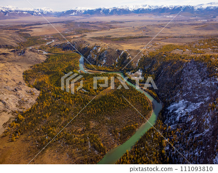 Aerial view of katun river snaking through autumn altai landscape Aerial view of katun river snaking through autumn altai landscape 111093810