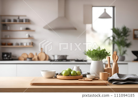 Clean and Bright: Empty Wooden Tabletop Counter with Modern Kitchen Interior Bokeh, Ideal for Product Montage in Banner Design.AI-generated item 111094185