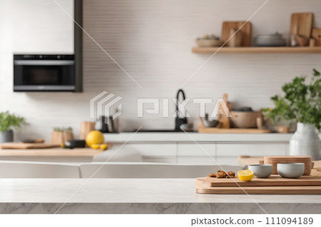 Clean and Bright: Empty Tabletop Counter with Modern Kitchen Interior Bokeh, Ideal for Product Montage in Banner Design.AI-generated item Clean and Bright: Empty Tabletop Counter with Modern Kitchen Interior Bokeh, Ideal for Product Montage in Banner Design.AI-generated item 111094189