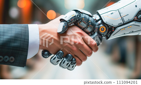 Businessman's hand shaking hands with a robot Businessman's hand shaking hands with a robot 111094201