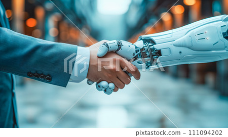 Businessman's hand shaking hands with a robot Businessman's hand shaking hands with a robot 111094202