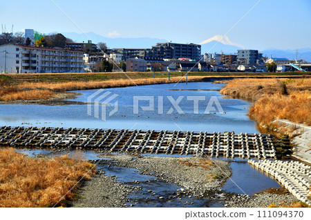 Manganji Pedestrian Bridge/Upstream from Fureai Bridge, looking towards Takahata Bridge/Asakawa (Hino City, Tokyo) [2024.1] 111094370