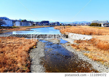Manganji Pedestrian Bridge/Upstream from Fureai Bridge, looking towards Takahata Bridge/Asakawa (Hino City, Tokyo) [2024.1] 111094372