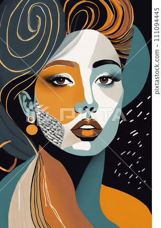 Abstract Art-inspired portrait of a vibrant woman. Surreal portrait of beautiful woman. Colorful hair. Unusual color work. digital art. Illustration of beautiful young woman. AI-generated item 111094445
