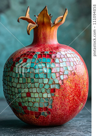 A close-up of a pomegranate with a checkerboard pattern of bright red and turquoise on its skin, 111094858