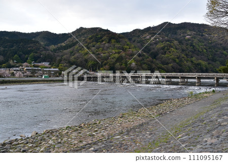 Kyoto in spring in Japan, the streets around Arashiyama, tourist attractions Togetsukyo Bridge and Katsuragawa River, cherry blossoms in full bloom and beautiful fresh greenery Kyoto in spring in Japan, the streets around Arashiyama, tourist attractions Togetsukyo Bridge and Katsuragawa River, cherry blossoms in full bloom and beautiful fresh greenery 111095167