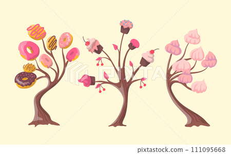 Cartoon Color Fantasy Candy Trees Set with Donuts and Cupcakes Dessert Concept Flat Design Style. Vector illustration Cartoon Color Fantasy Candy Trees Set with Donuts and Cupcakes Dessert Concept Flat Design Style. Vector illustration 111095668