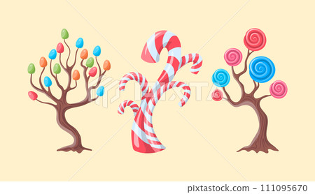 Cartoon Color Fantasy Candy Trees Set with Spiral Lollipops and Sugar Candies Dessert Concept Flat Design Style. Vector illustration Cartoon Color Fantasy Candy Trees Set with Spiral Lollipops and Sugar Candies Dessert Concept Flat Design Style. Vector illustration 111095670