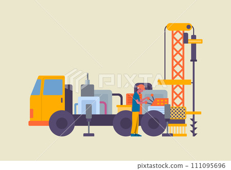 Cartoon Color Character Men Controlling Well Drilling Machine Equipment for High-Mining Industry Concept Flat Design Style. Vector illustration Cartoon Color Character Men Controlling Well Drilling Machine Equipment for High-Mining Industry Concept Flat Design Style. Vector illustration 111095696