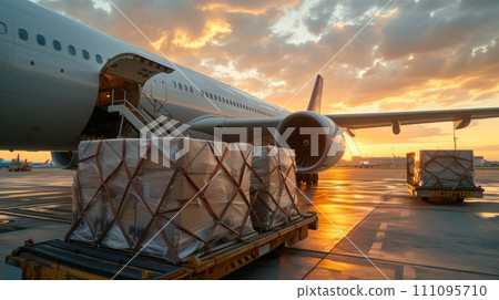 Loading of goods on board a cargo plane, airport, transport logistic Loading of goods on board a cargo plane, airport, transport logistic 111095710