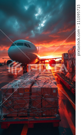 Loading of goods on board a cargo plane, airport, transport logistic Loading of goods on board a cargo plane, airport, transport logistic 111095715