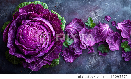 An image of a red cabbage cut, showcasing the striking contrast between the densely packed inner leaves and the looser outer ones, 111095771