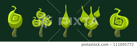 Green Fantasy Forest Tree with Trunk and Shaped Crown Vector Set 111095772