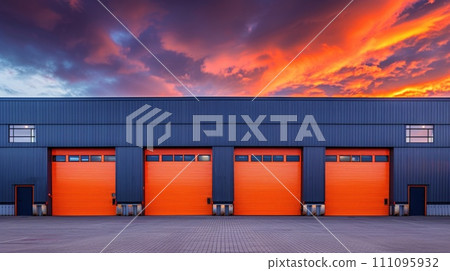 exterior of a commercial warehouse with roller doors 111095932