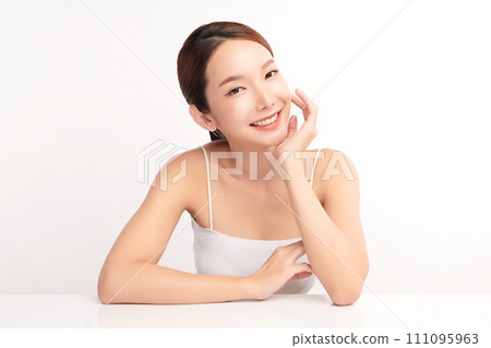 Beautiful young asian woman with clean fresh skin on white background, Face care, Facial treatment, Cosmetology, beauty and spa, Asian women portrait. 111095963