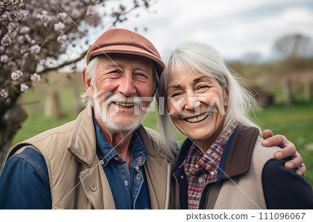 Portrait of happy senior couple standing in blooming garden and looking at camera 111096067