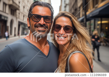 Portrait of a happy couple in sunglasses walking in the city. Traveling together Portrait of a happy couple in sunglasses walking in the city. Traveling together 111096089