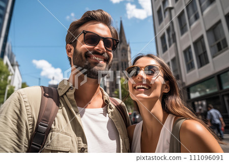 Couple in sunglasses smiling at camera while walking together in city center Couple in sunglasses smiling at camera while walking together in city center 111096091