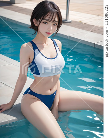 一位年輕女子坐在泳池邊，雙腿浸在水中休息（AI 生成） 111096225