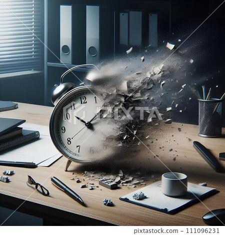 Fading Clock on Desk: Time Dissolving into Dust - Minimalistic Artwork for Modern Office Decor, Creative Concept of Passing Time, Unique Clock Illustration, Stylish Workspace, New, Unique 111096231