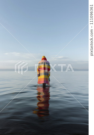 wearing a hooded cape into the water, AI generated 111096361