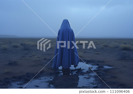 covered with blue robe in landscape, AI generated 111096406