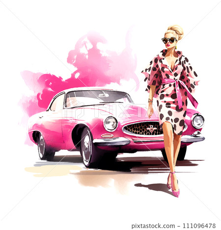 fashion girl in leopard print dress and sunglasses standing next to pink car, art station trends 111096478