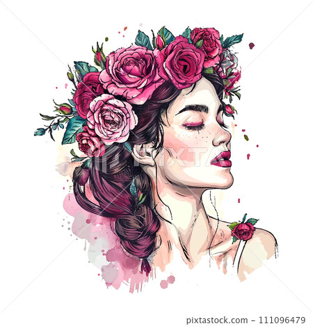 beautiful woman with flowers in her hair and a wreath of roses 111096479