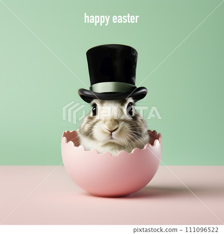 text happy easter and rabbit in egg, AI generated 111096522