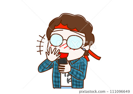 (Upper body diagonal) A nerd wearing glasses is holding a smartphone and looking at the screen, crying and laughing out loud. 111096649