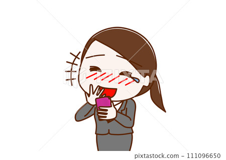 (Upper body diagonal) A woman in a suit holding a smartphone and looking at the screen, crying and laughing out loud 111096650