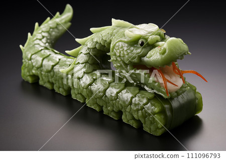 Emerald Green dragon-shaped Sushi isolate on black table. Symbol of the year 2024 111096793